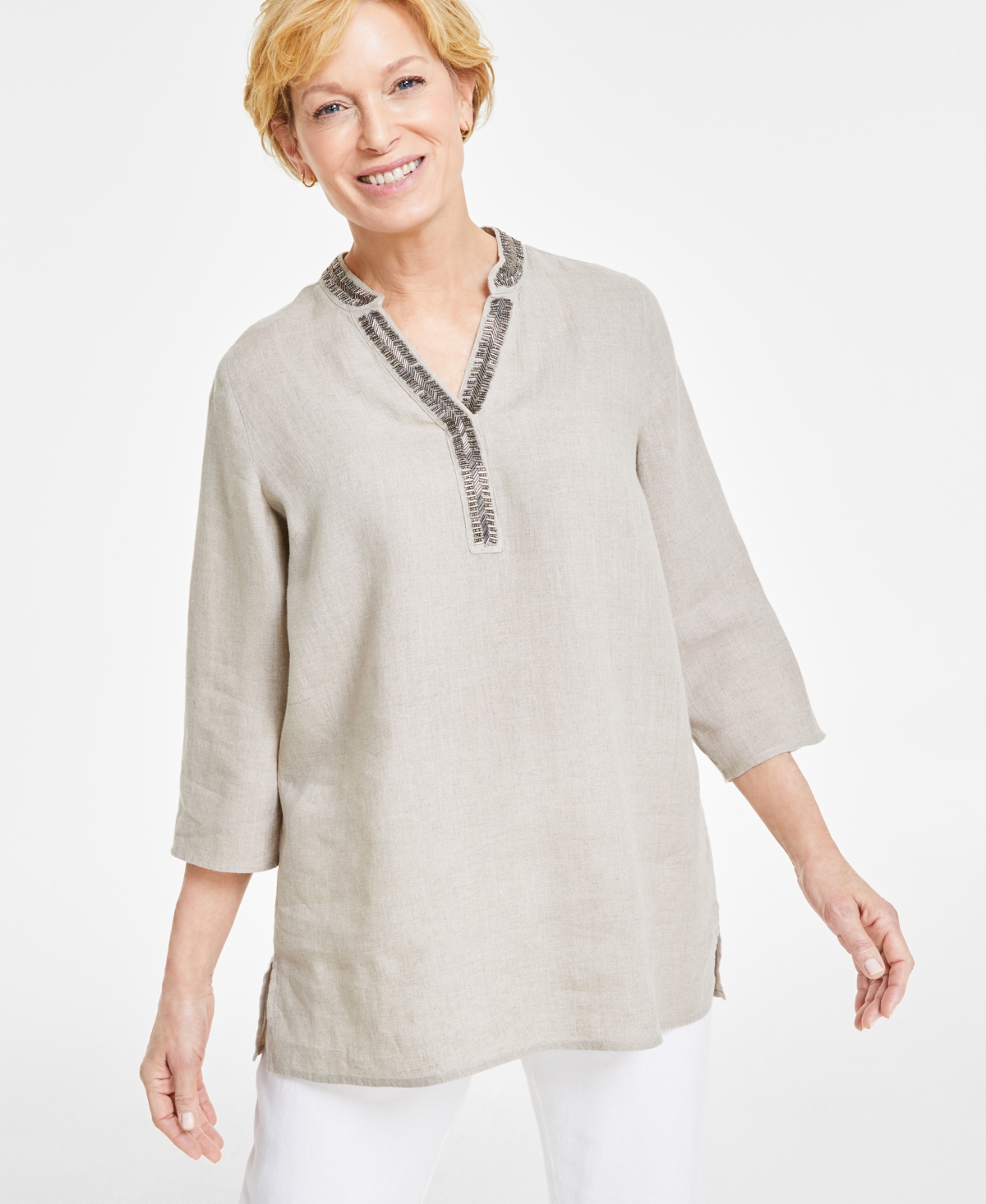 Charter Club Petite 100% Linen Embellished-neck 3/4-sleeve Tunic, Created For Macy's In Flax Combo