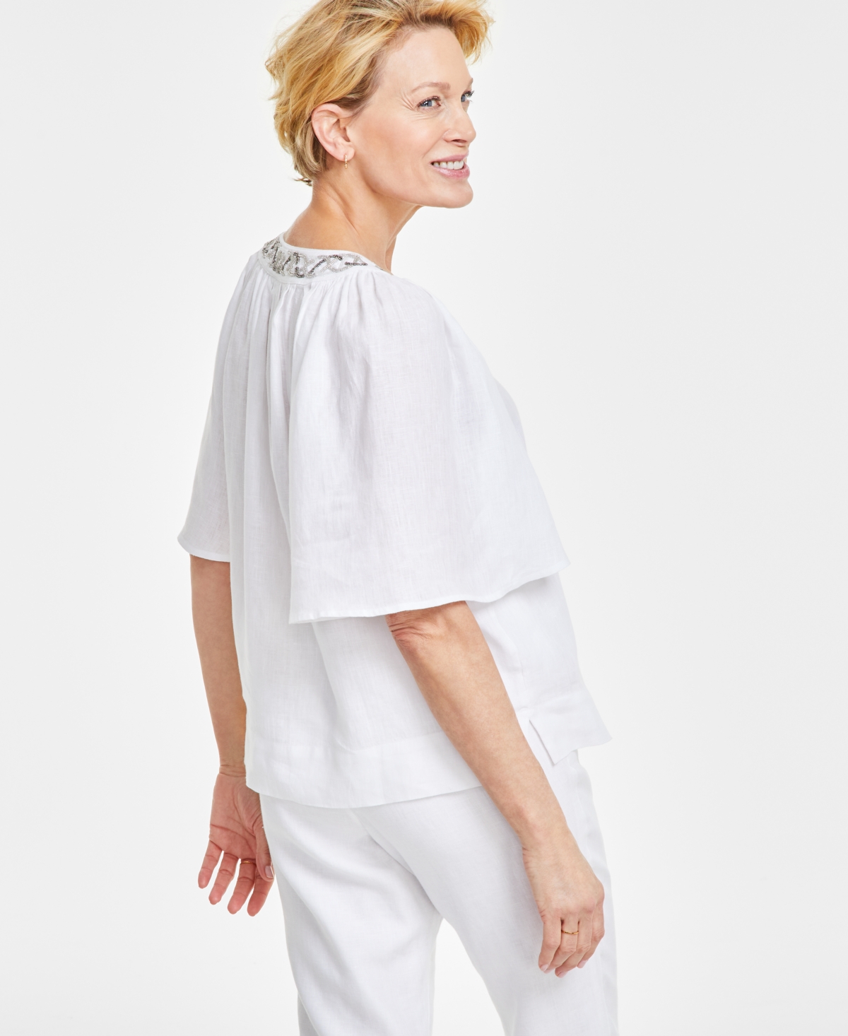 Shop Charter Club Women's 100% Linen Embellished Flutter-sleeve Top, Created For Macy's In Bright White