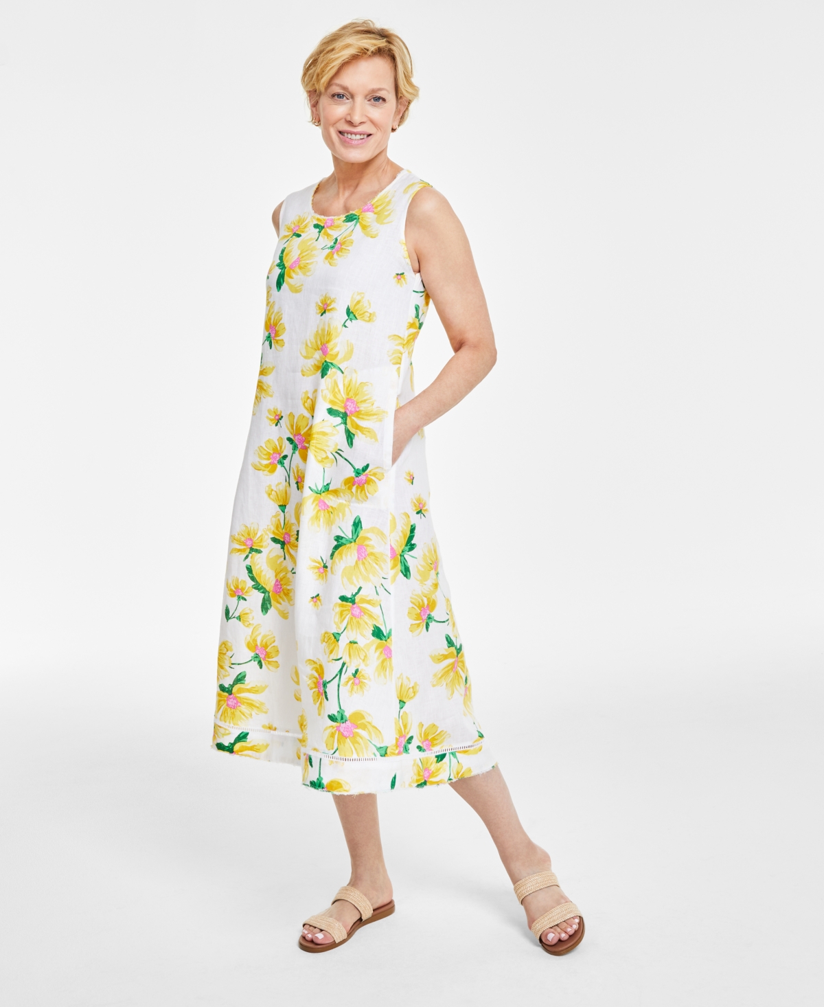 Women's 100% Linen Floral-Print Sleeveless Midi Dress, Created for Macy's - Bright White Combo