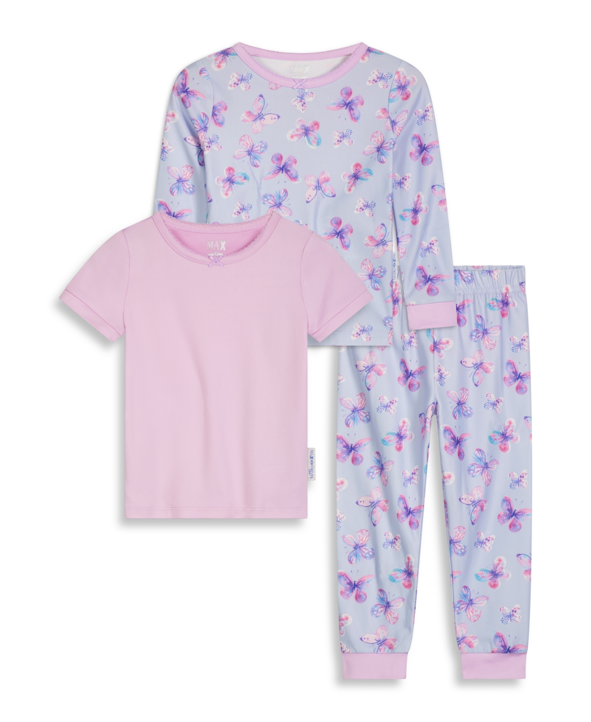 Max & Olivia Baby Girls Pants, Long Sleeve T-shirt And Short Sleeve T-shirt Snug Fit Pajama Set, 3 Piece In Purple
