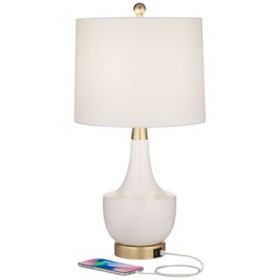Nesbit 25" High Mid Century Modern Table Lamps Set of 2 USB Port White Gold Ceramic Metal Living Room Charging