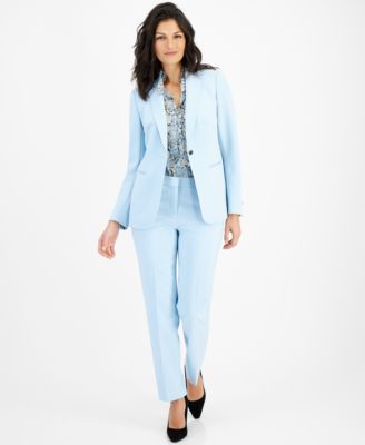 Shop Anne Klein Womens One Button Notched Collar Blazer Sleeveless Tulla Blouse Straight Leg Mid Rise Ankle Pants In Opal Blue