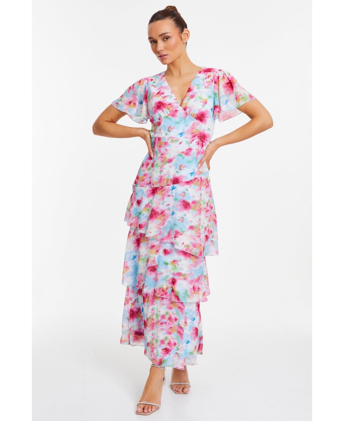 Women's Chiffon Floral V-Neck Frill Maxi Dress - Multi