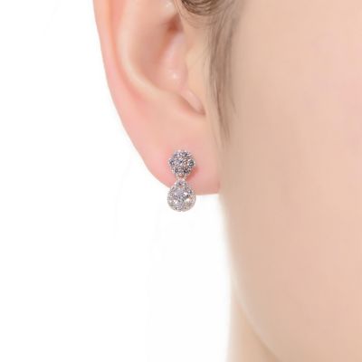 Sterling Silver with White Gold Plated Clear Pear and Round Cubic Zirconia Halo with Flower Post Drop Earrings