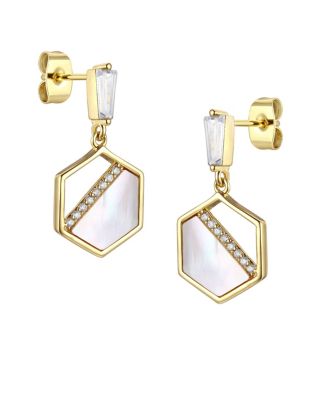 Sterling Silver 14k Gold Plated with Mother of Pearl & Cubic Zirconia Hexagon Dangle Earrings