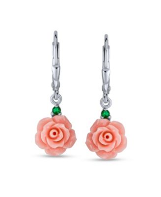 Delicate Floral Blooming 3D Red Rose Flower Green CZ Accent Lever back Dangle Earrings Sterling Silver