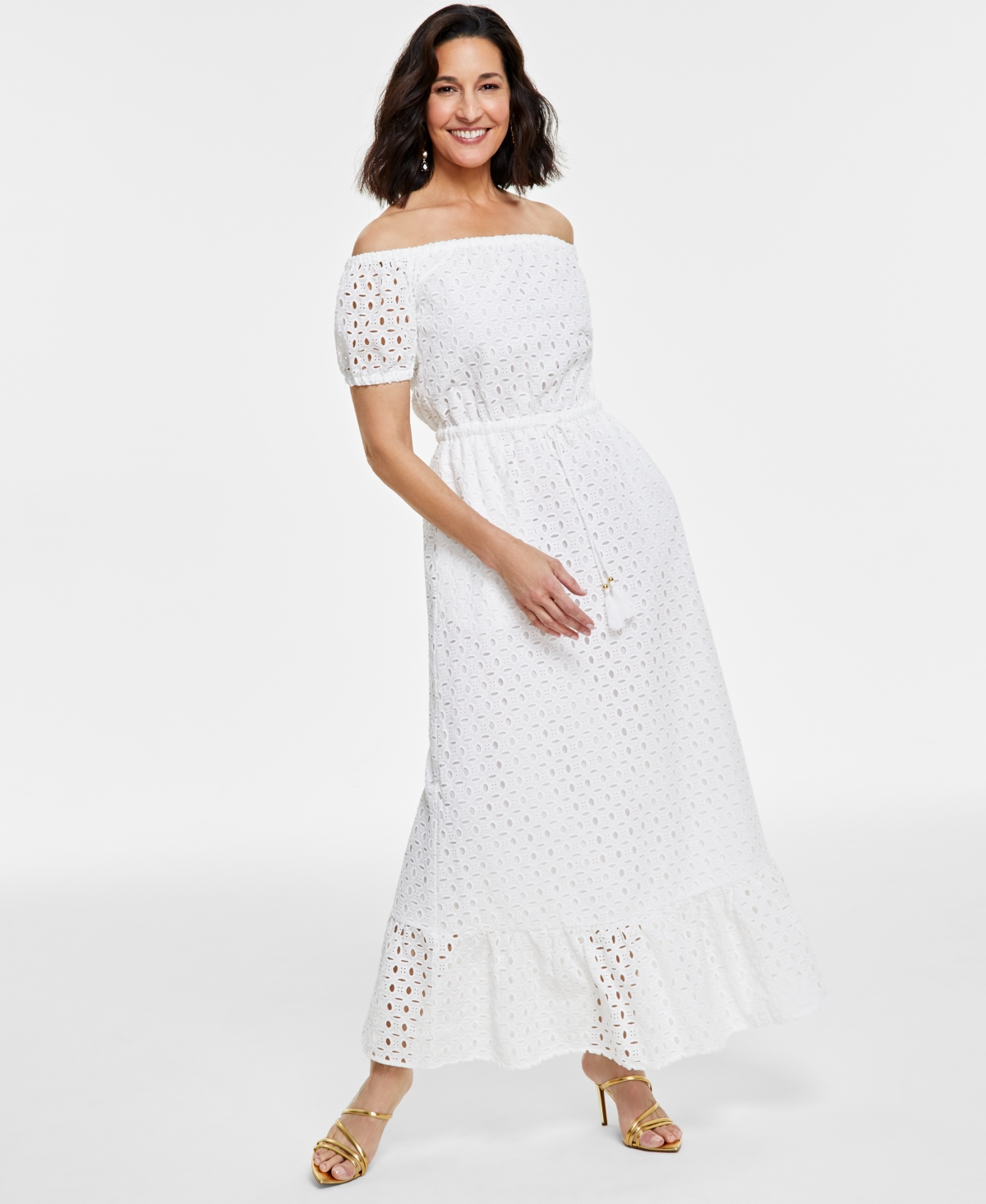 Inc International Concepts Women's Off-the-shoulder Eyelet Maxi Dress, Created For Macy's In Bright White