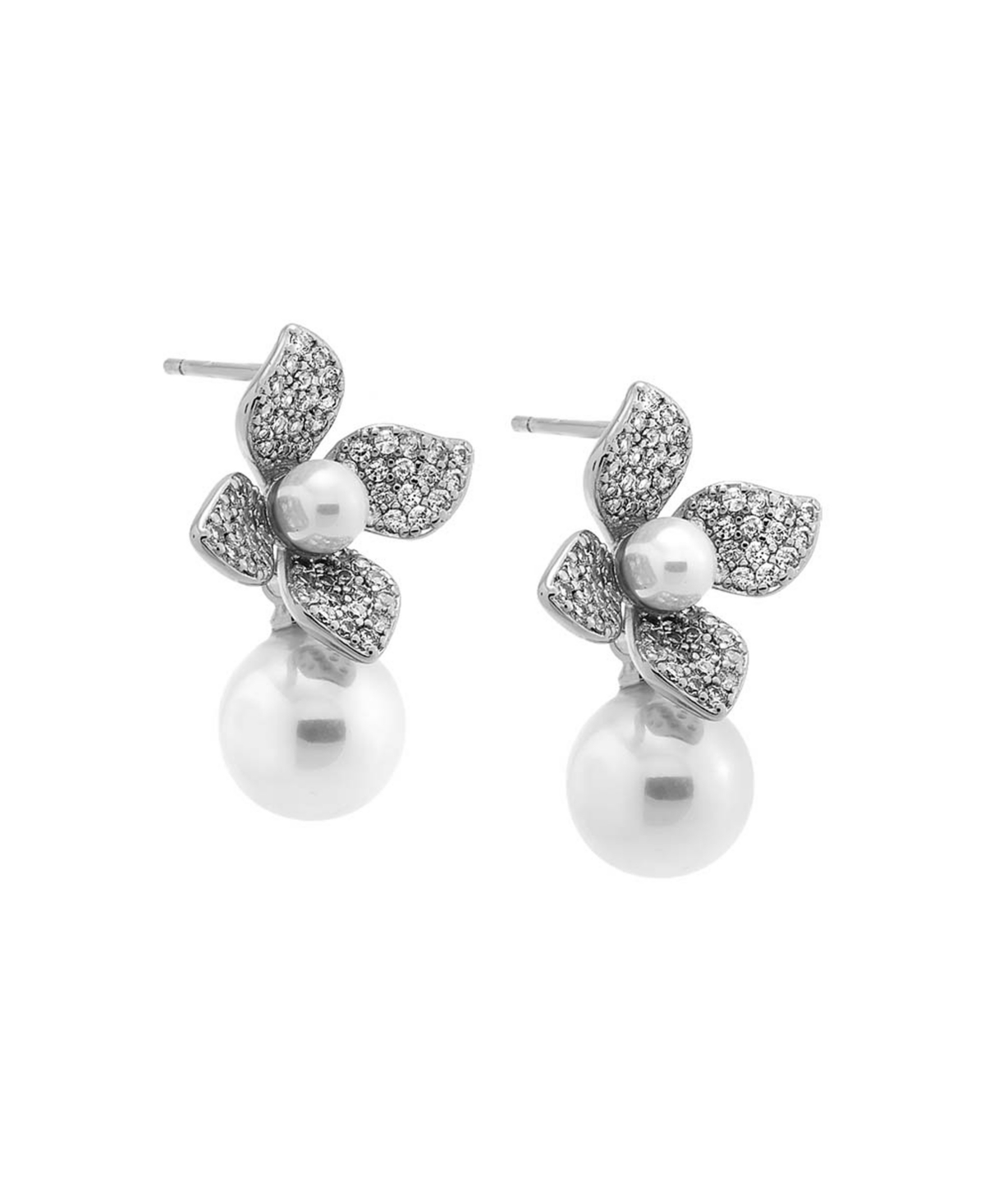 Shop By Adina Eden Pave Four Leaf Dangling Flower Imitation Pearl Stud Earring In Silver