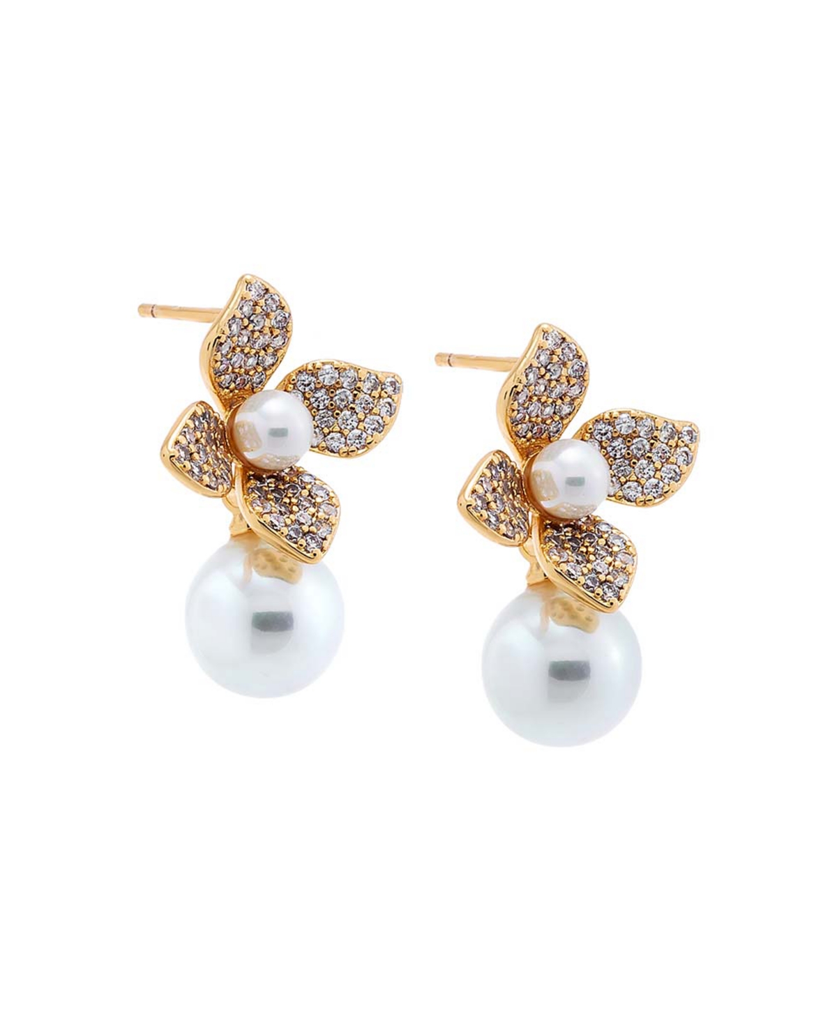 Pave Four Leaf Dangling Flower Imitation Pearl Stud Earring - Gold