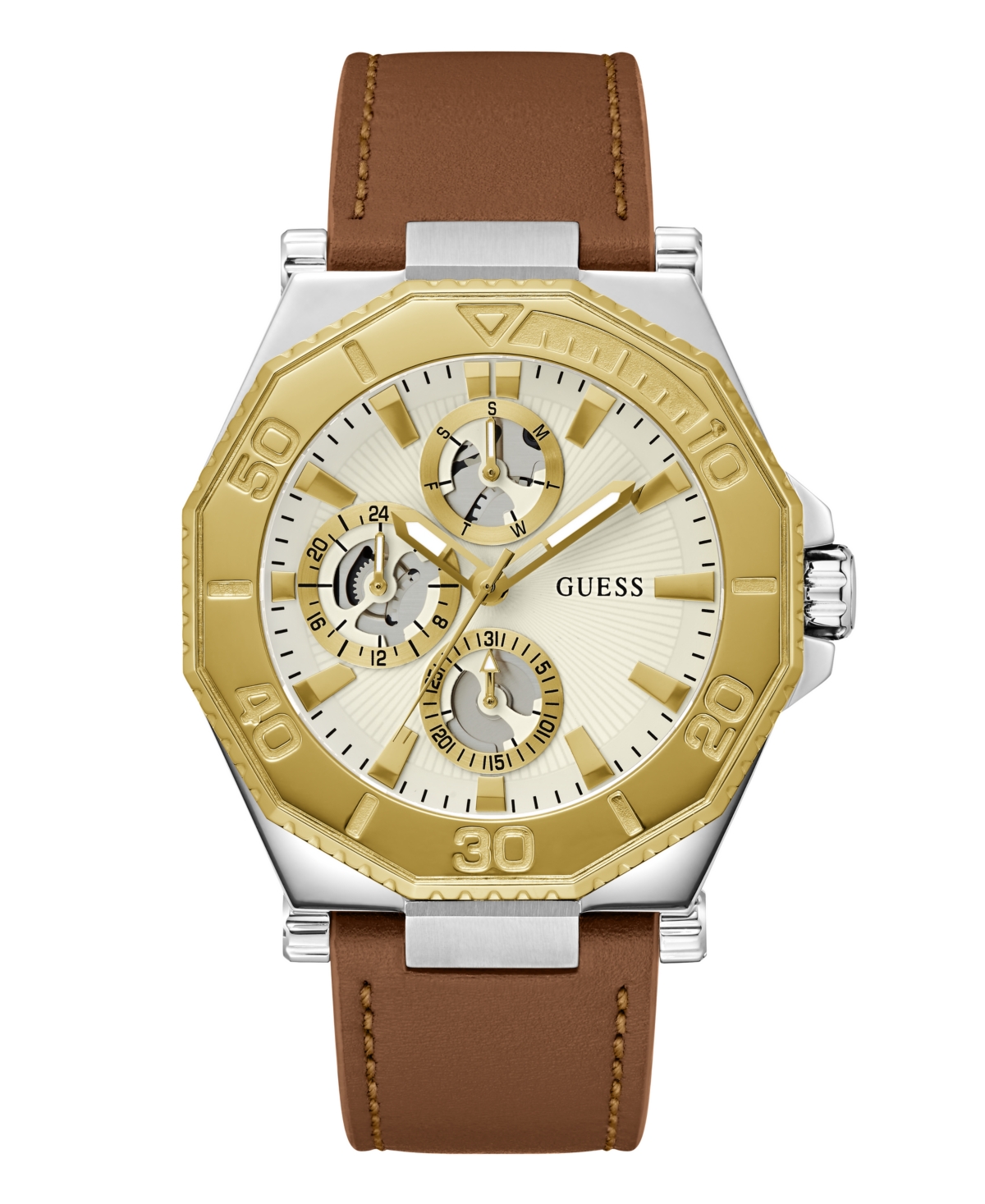 Shop Guess Men's Analog Brown Genuine Leather Watch 46mm