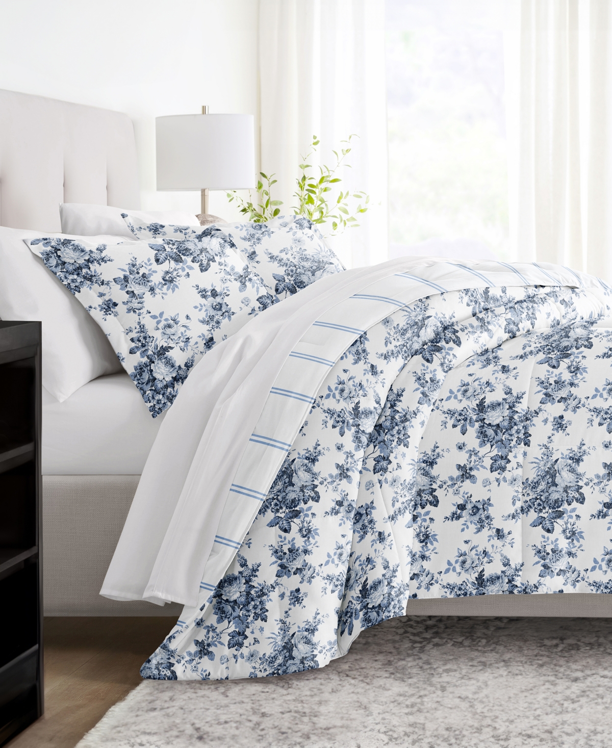 IENJOY HOME CABBAGE ROSE STRIPE 3-PIECE COMFORTER SET, FULL/QUEEN 