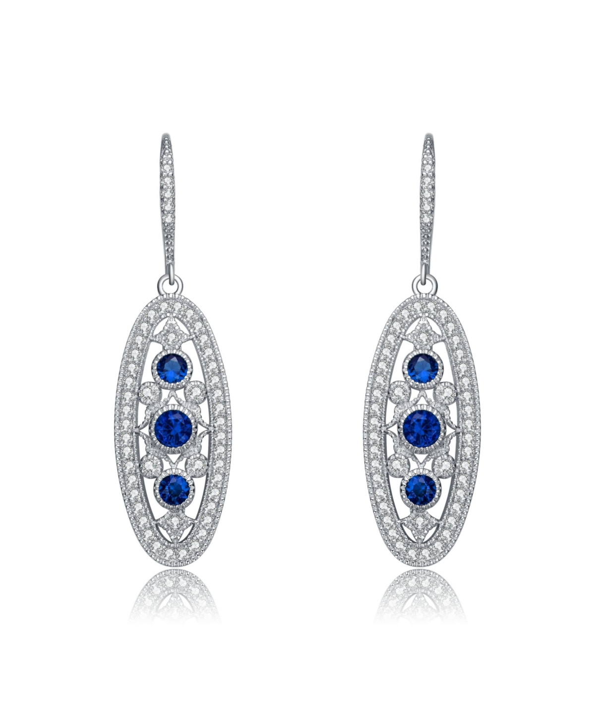 Sterling Silver White Gold Plated with Colored Cubic Zirconia Oval Drop Earrings
