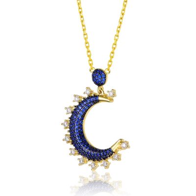 Sterling Silver with 14K Gold and Black Plated Blue Cubic Zirconia Moon Charm Necklace