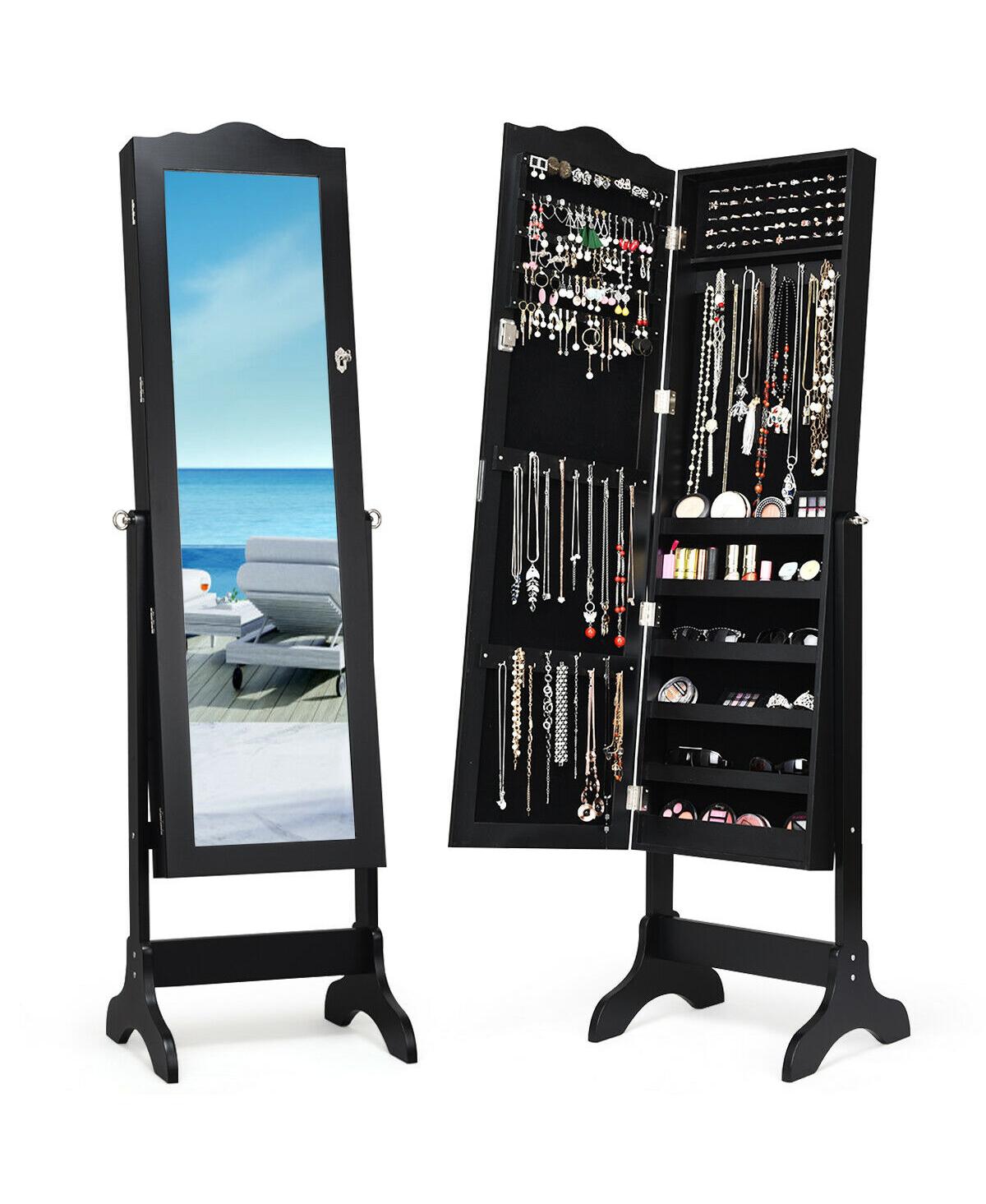 Mirrored Jewelry Cabinet Mirror Organizer Storage Box Stand - Black