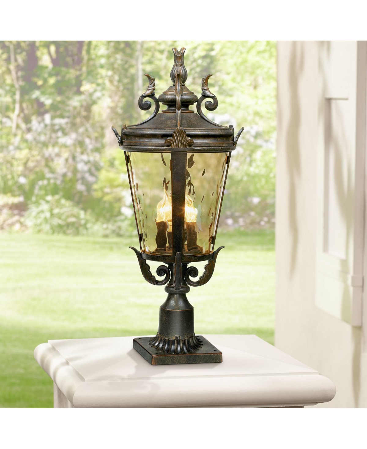 Marseille Rustic Industrial Post Light Pier Mount Fixture Veranda Bronze Scroll 27" Champagne Hammered Glass for Exterior House Porch Patio Outside De