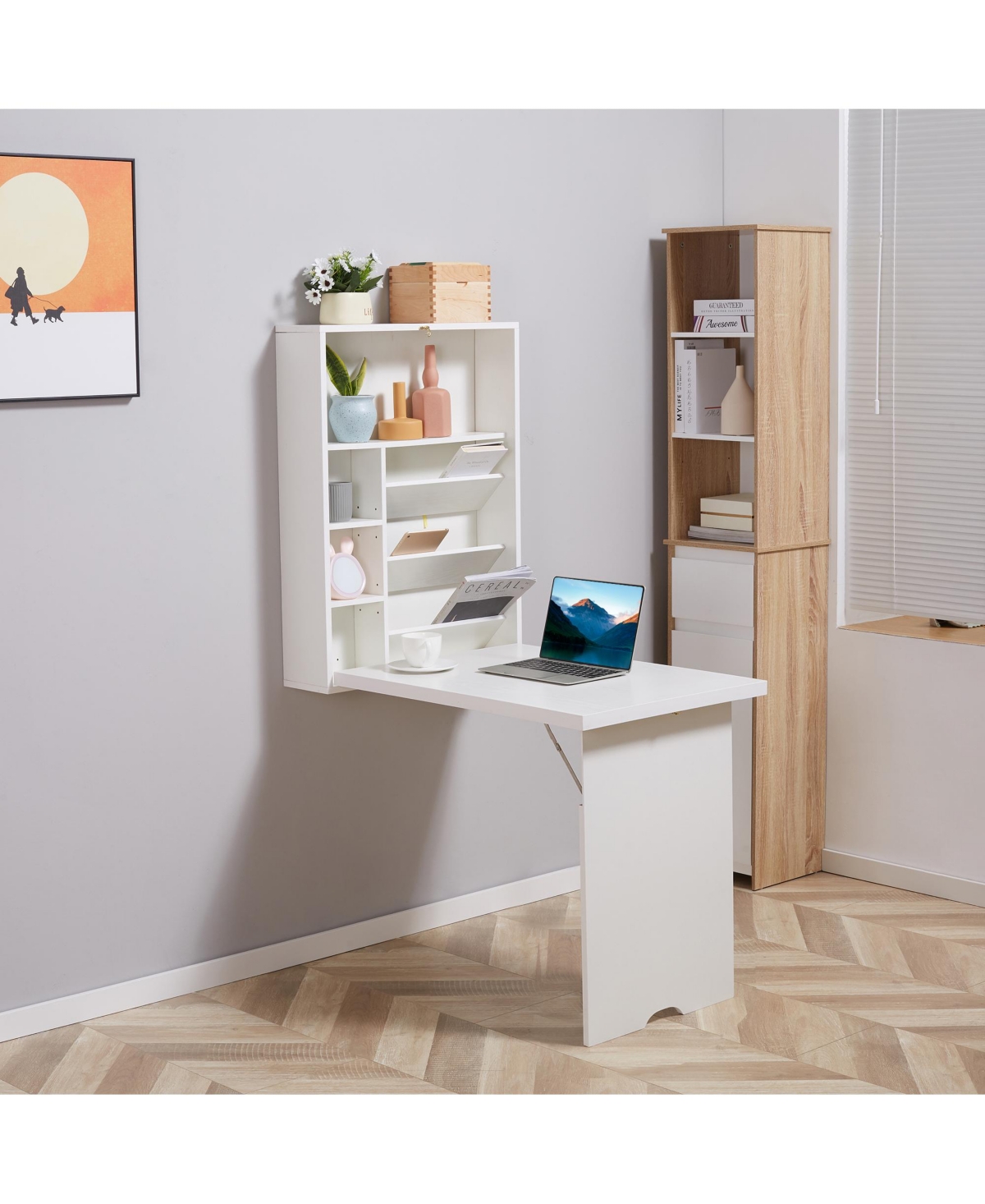 Homcom Wall Mounted Fold Out Convertible Desk, Multi-Function Floating Desk with Storage Shelf for Home Office, White
