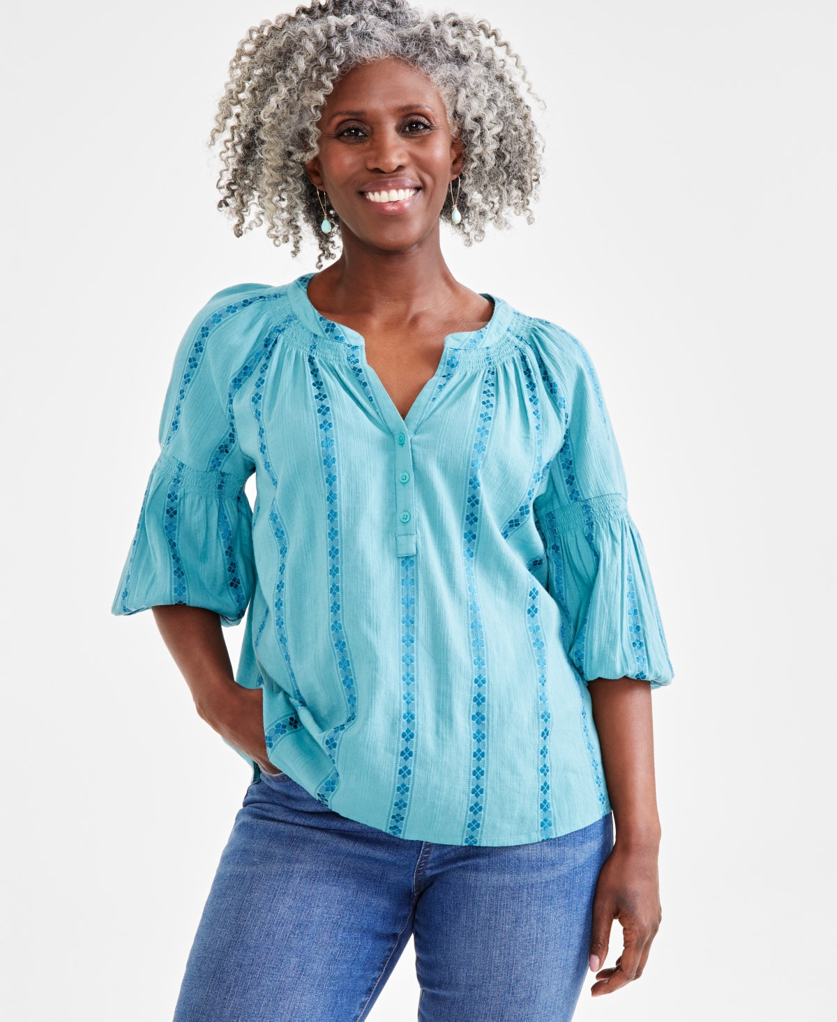 Style & Co Women's Textured Smocked-neck Top, Created For Macy's In Desert Teal