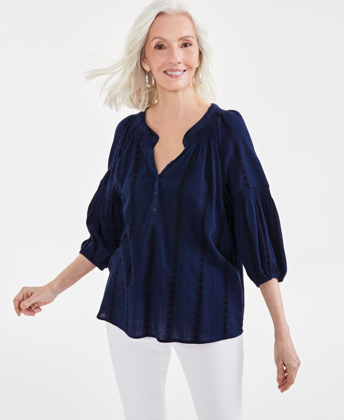 Style & Co Women's Textured Smocked-neck Top, Created For Macy's In Industrial Blue