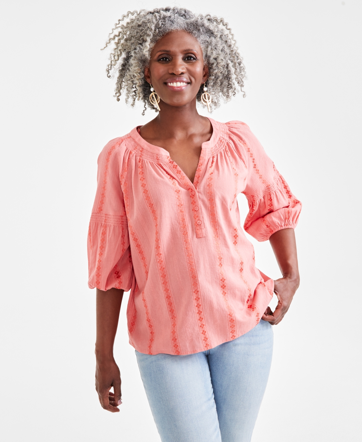 Style Co Women s Textured Smocked neck Top Created For Macy s In Sea Coral ModeSens
