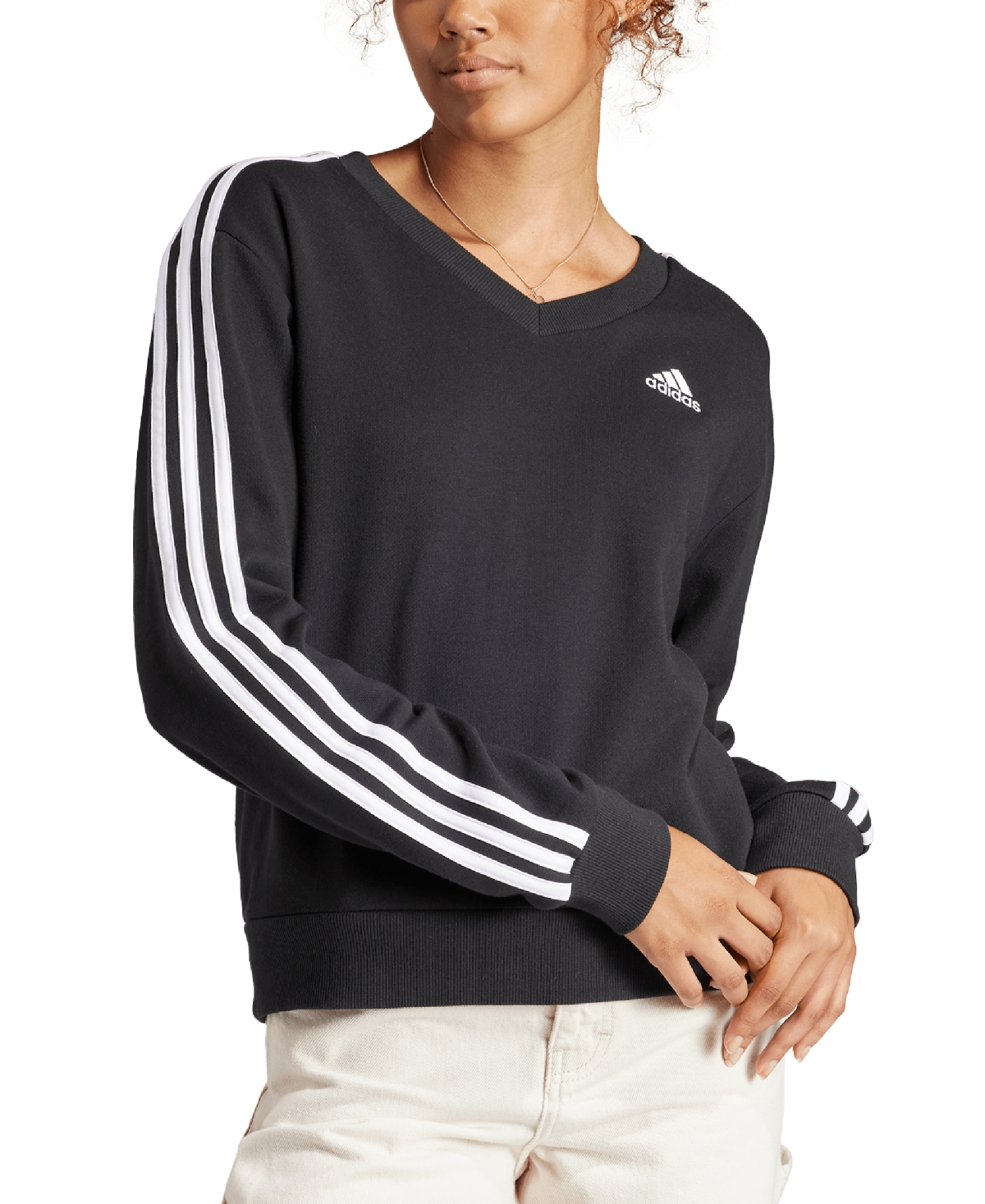 Adidas Originals Women's Essential Cotton 3-stripe V-neck Sweatshirt In Black