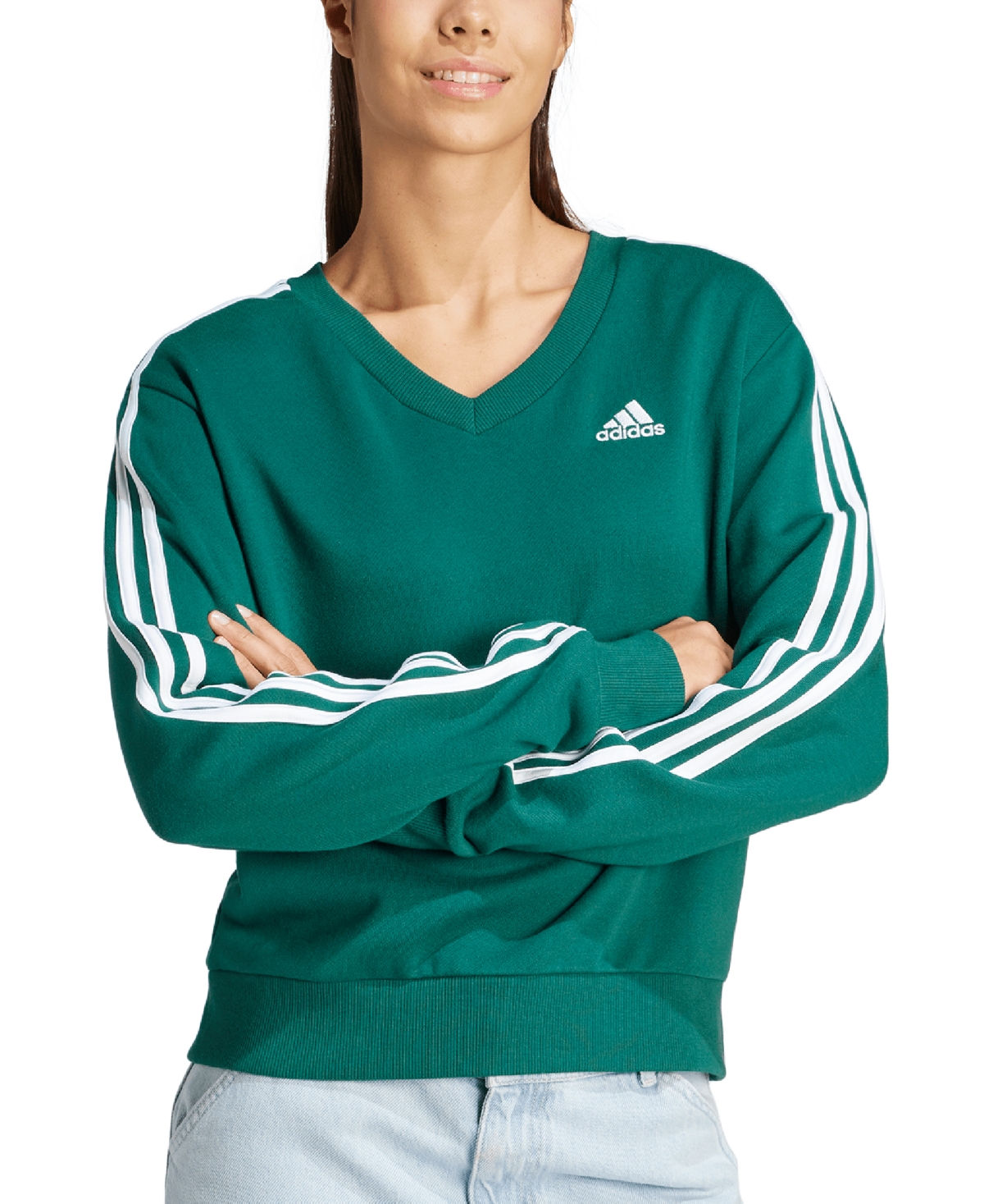 Adidas Originals Women's Essential Cotton 3-stripe V-neck Sweatshirt In Collegiate Green