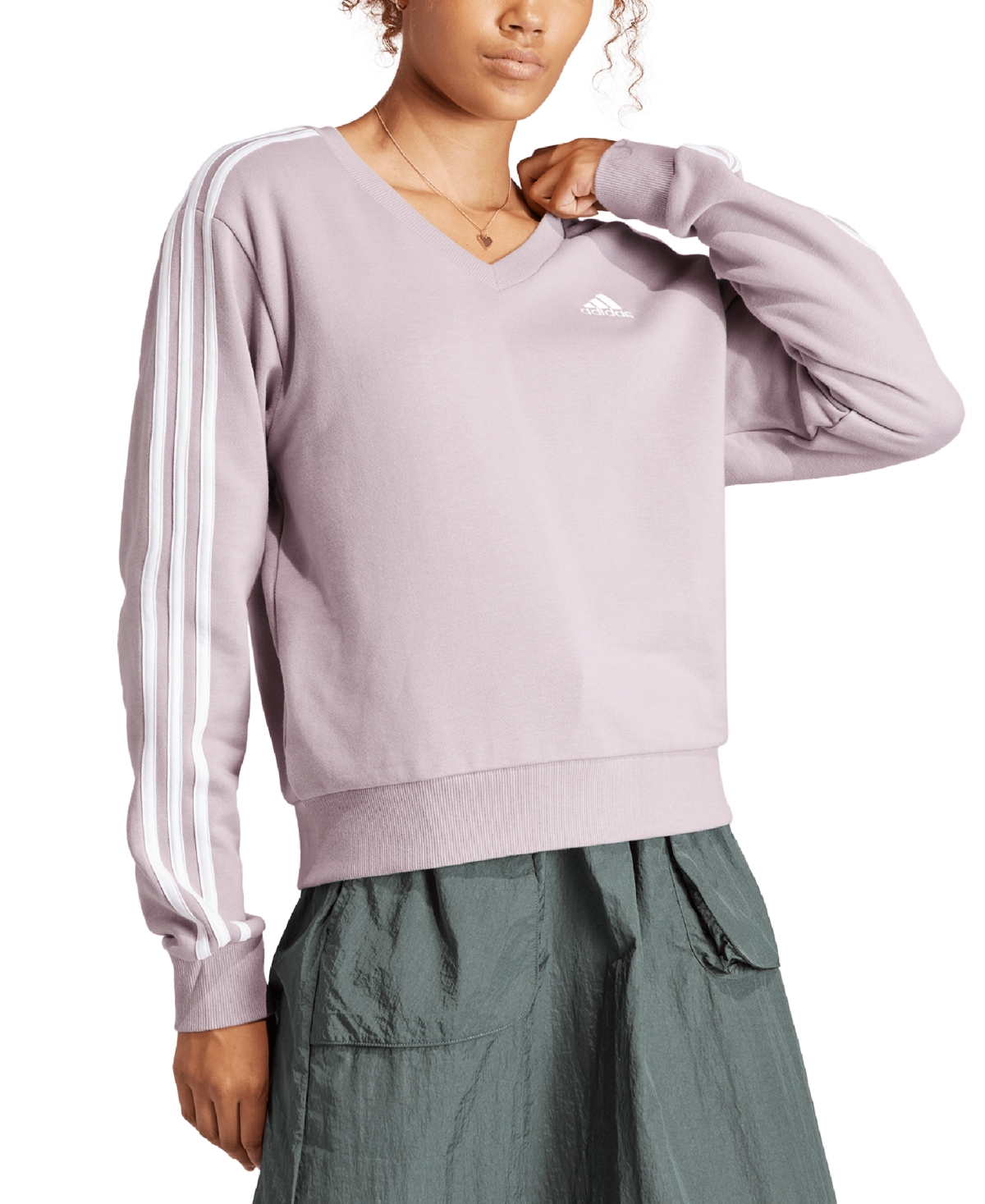 Shop Adidas Originals Women's Essential Cotton 3-stripe V-neck Sweatshirt In Preloved Fig