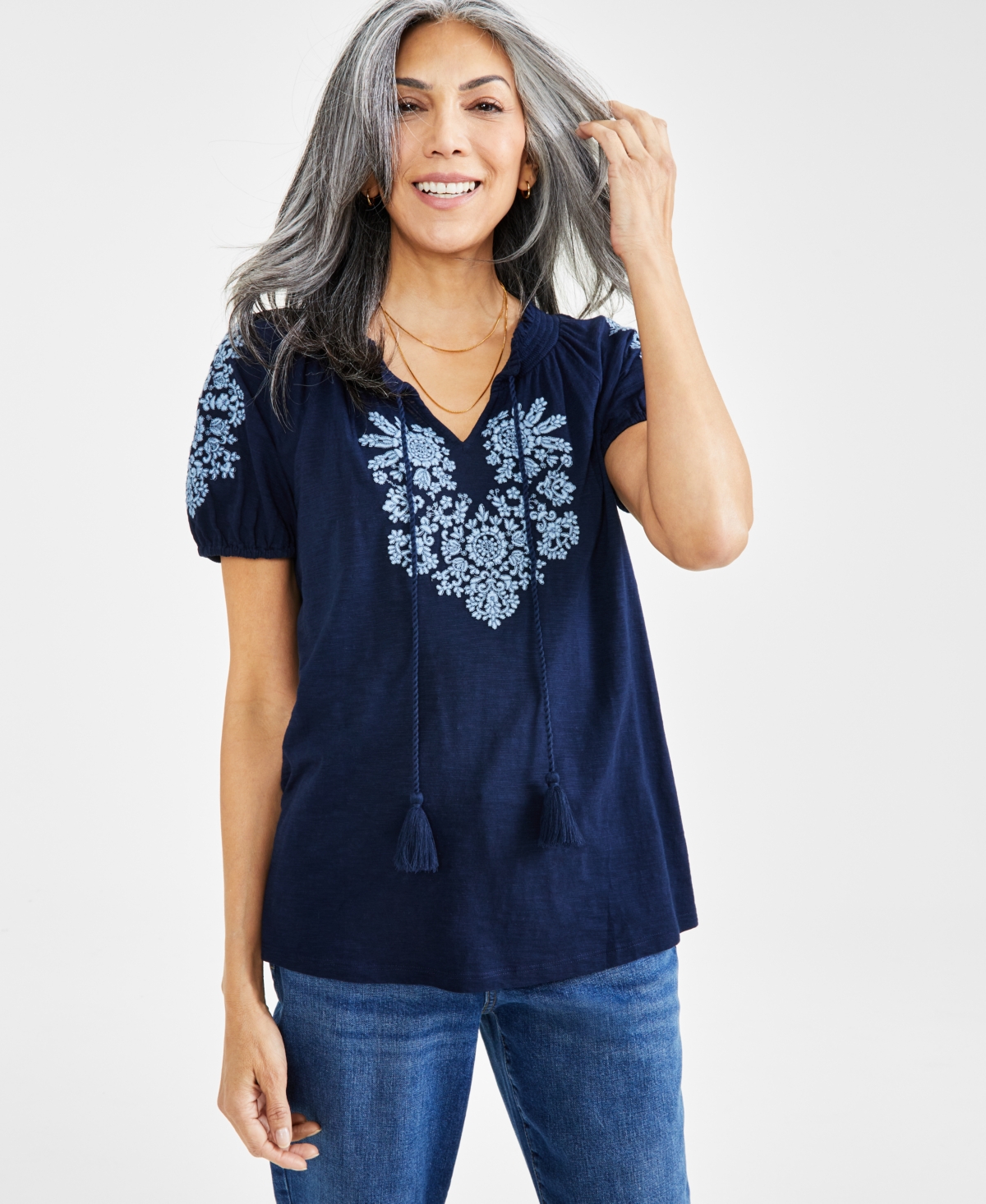 Style & Co Women's Embroidered Split-neck Tasseled-tie Top, Exclusively At Macy's In Industrial Blue
