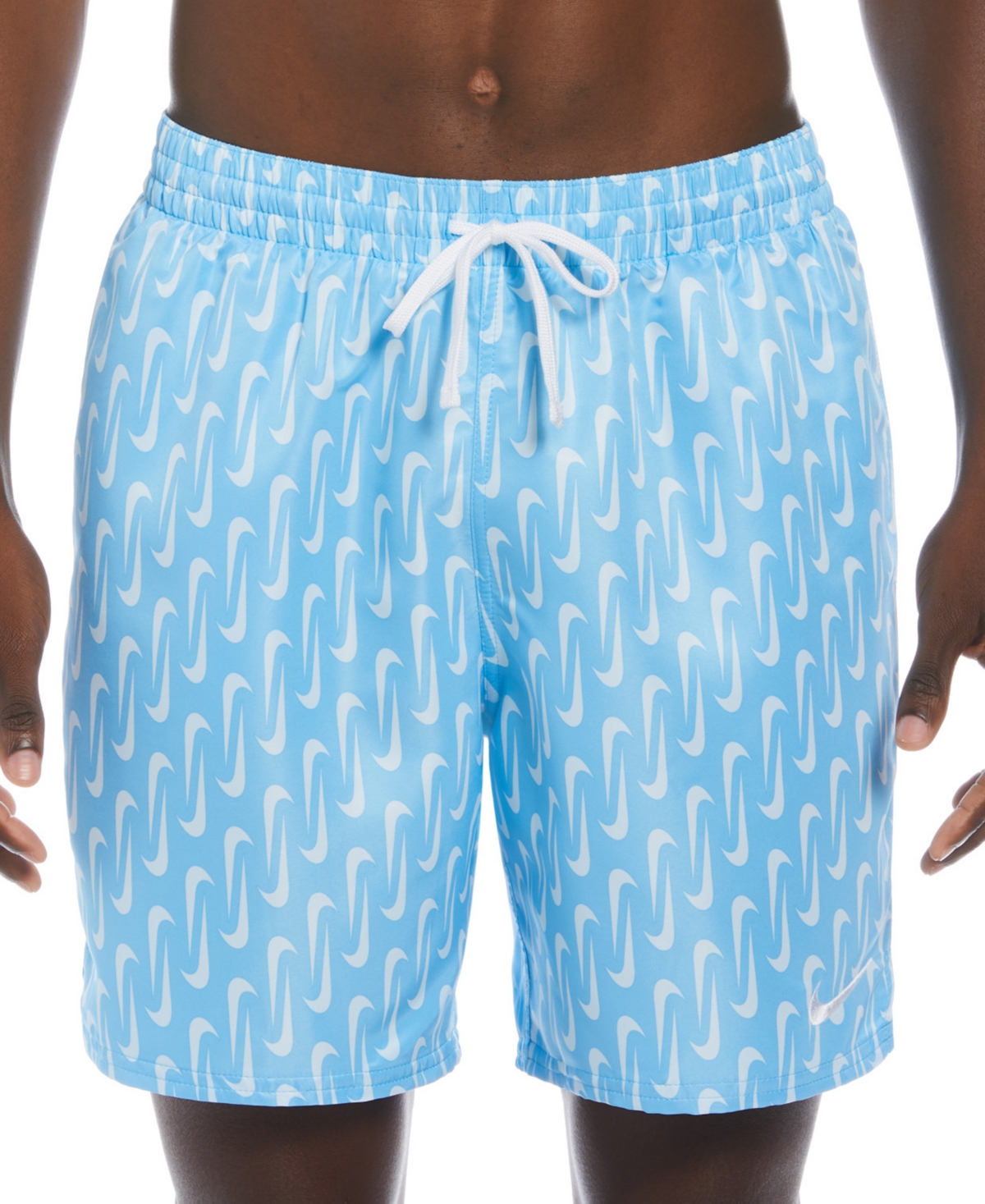 Shop Nike Men's Swoosh Link Graphic Volley 7" Swim Trunks In Aquarius Blue