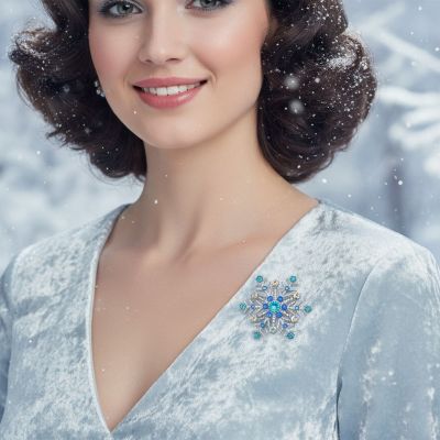 Large Multi Ice Blue Frozen Winter Snowflake Brooch Pin Crystal Holiday Party Frozen Winter Rhodium Plated