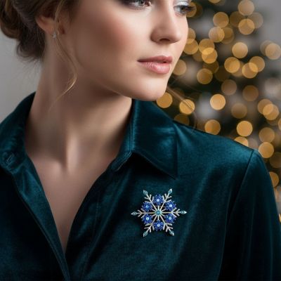 Large Multi Color Ice Blue Frozen Winter Flower Snowflake Brooch Pin Crystal Holiday Party Frozen Winter Rhodium Plated Alloy
