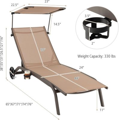 Patio Heavy-Duty Adjustable Chaise Lounge Chair with Canopy Cup holder and Wheels