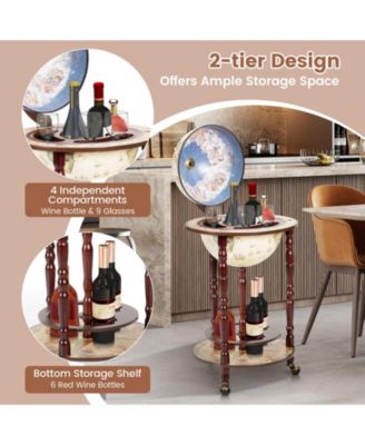 17 Inch Italian Style Design Wooden Globe Liquor Bottle Wine Rack with Wheels