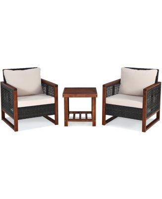 3 Pieces Patio Wicker Furniture Set with Washable Cushion and Acacia ...
