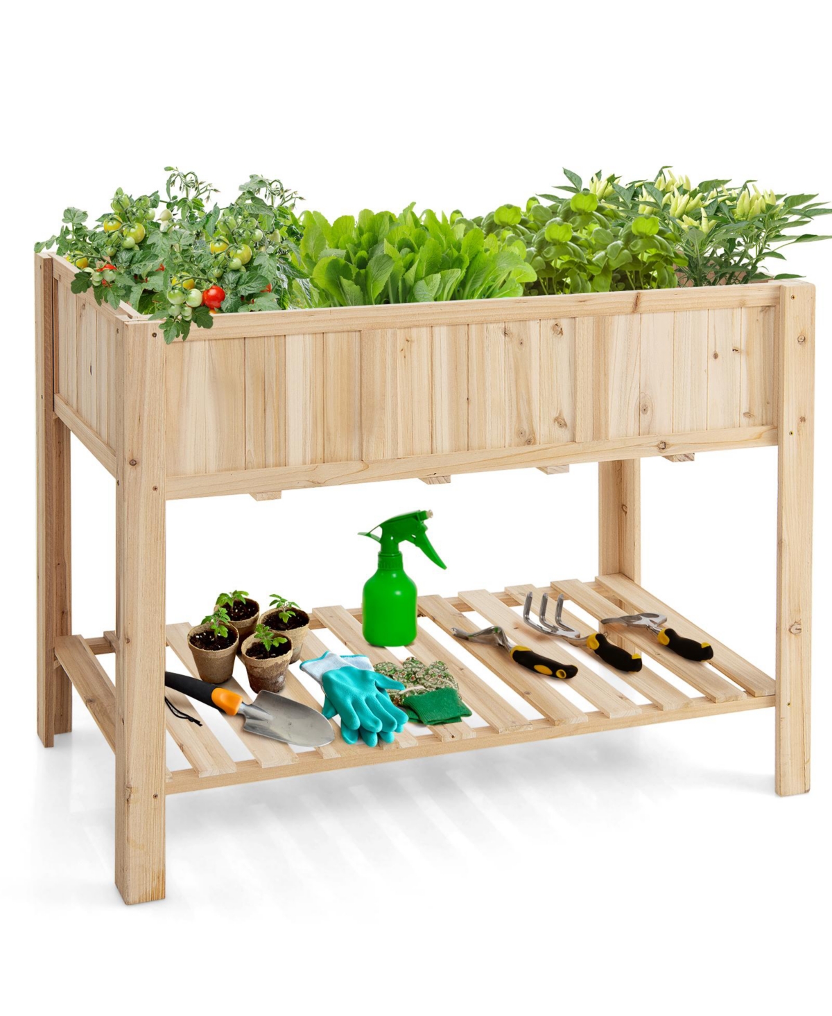 47 Inch Wooden Raised Garden Bed with Bottom Shelf and Bed Liner - Natural