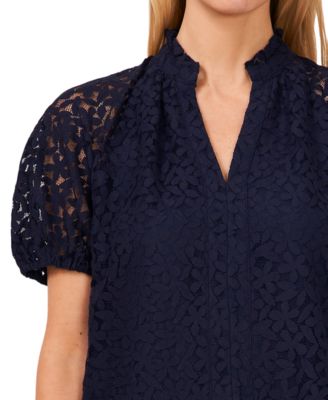 Women's Floral Lace Puff Sleeve Split Neck Top