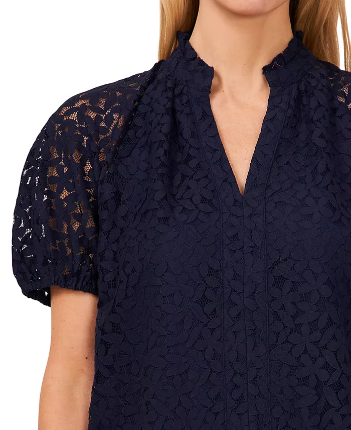 Women's Floral Lace Puff Sleeve Split Neck Top - thumbnail 9
