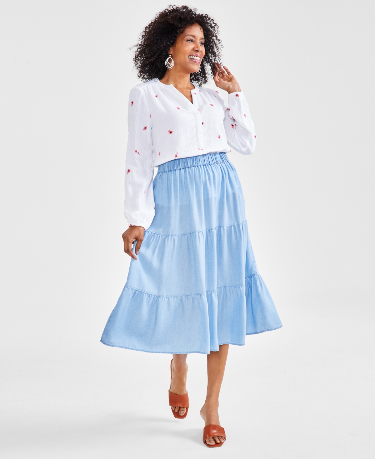 Style & Co Women's Chambray Tiered Pull-on Skirt, Created For Macy's In Emma Wash