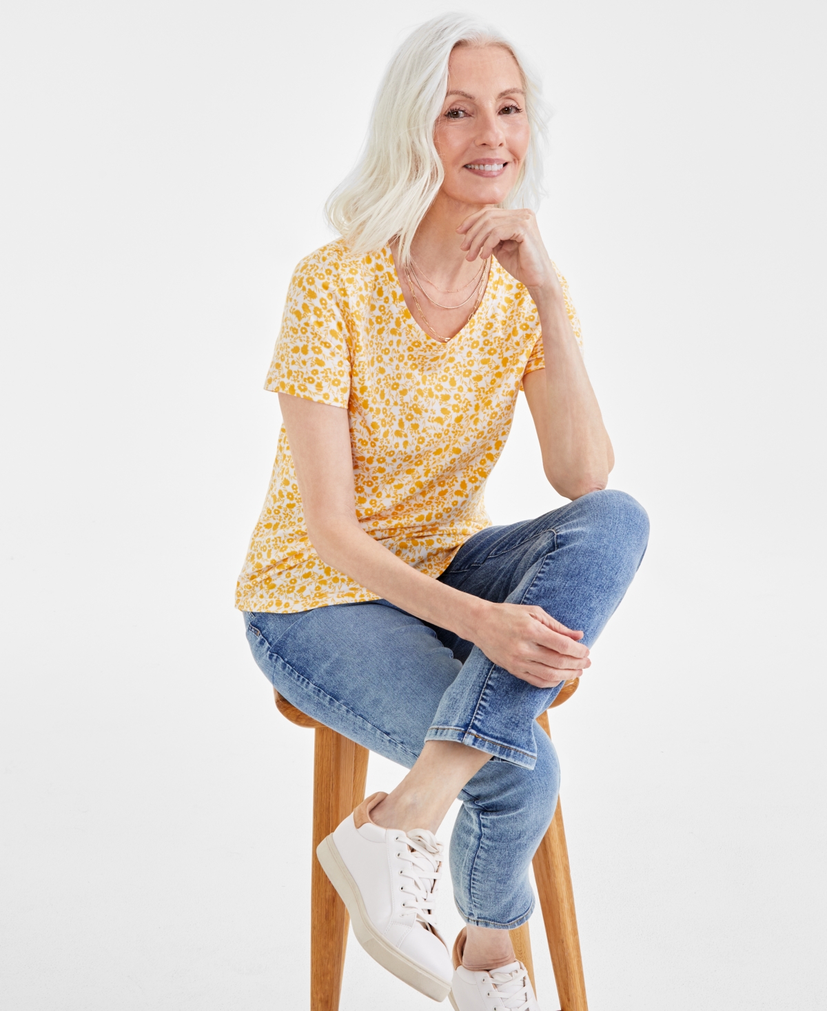 Style & Co Women's Printed Knit Crewneck T-shirt, Created For Macy's In Garden Cornmeal Yellow