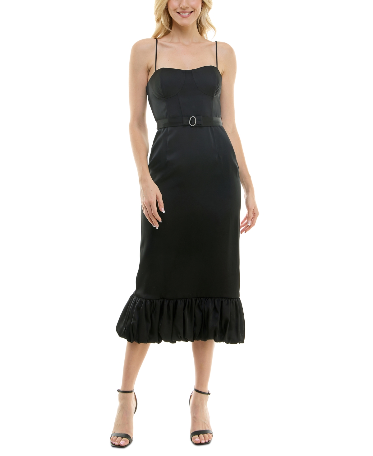 Women's Sleeveless Satin Belted Gown - Black