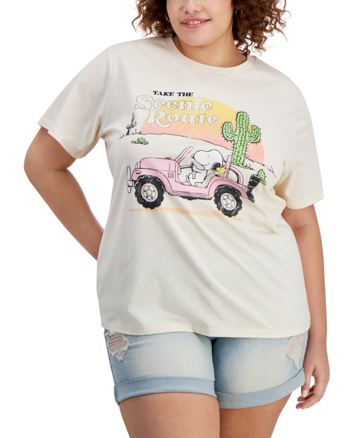 Trendy Plus Size Snoopy Scenic Route Graphic T-Shirt - Offwhite