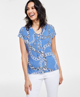 I.N.C. International Concepts - Petite Printed Lace-Up-Neck Top