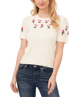 CeCe - Women's Crewneck Flower Embroidered Short Sleeve Cotton Sweater