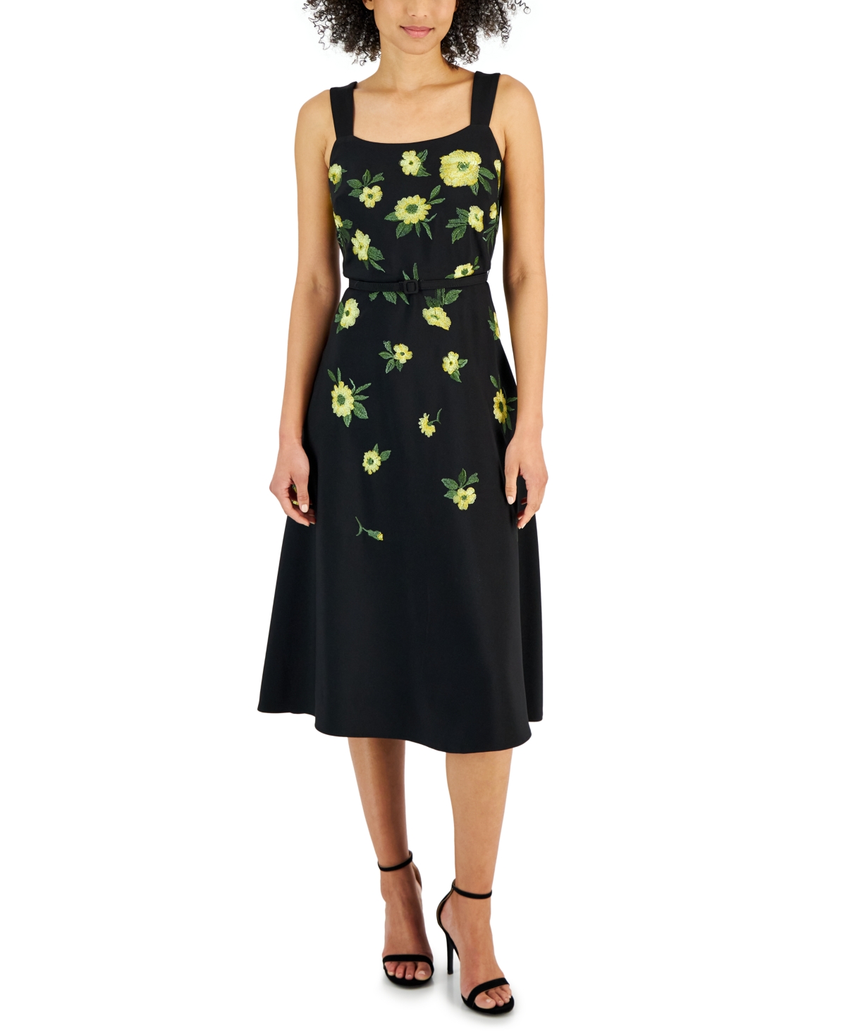 Shop Anne Klein Women's Floral-embroidered Belted Midi Dress In Anne Blk,l