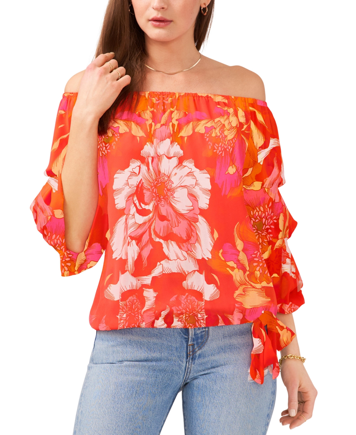 Women's Floral Print Off The Shoulder Bubble Sleeve Tie Front Blouse - Radiant Orange