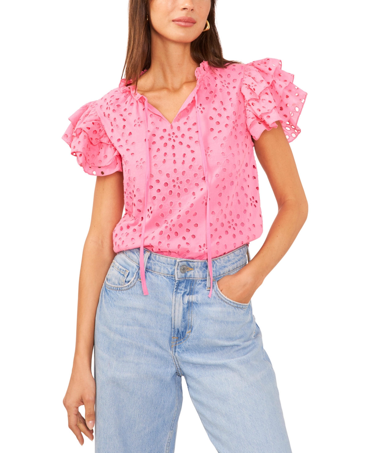 Shop 1.state Women's Eyelet Embroidered Cotton Tie Neck Short Flutter-sleeve Blouse In Island Bloom