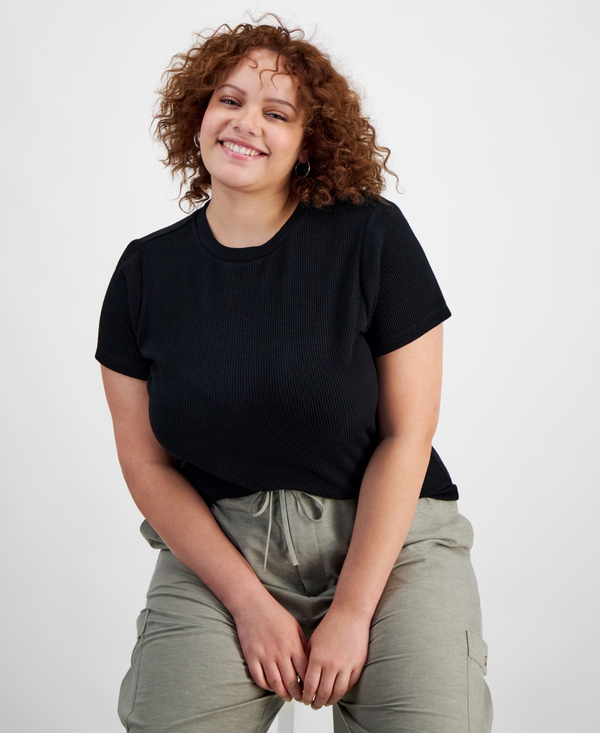 Shop And Now This Trendy Plus Size Crewneck Ribbed Tee In Black
