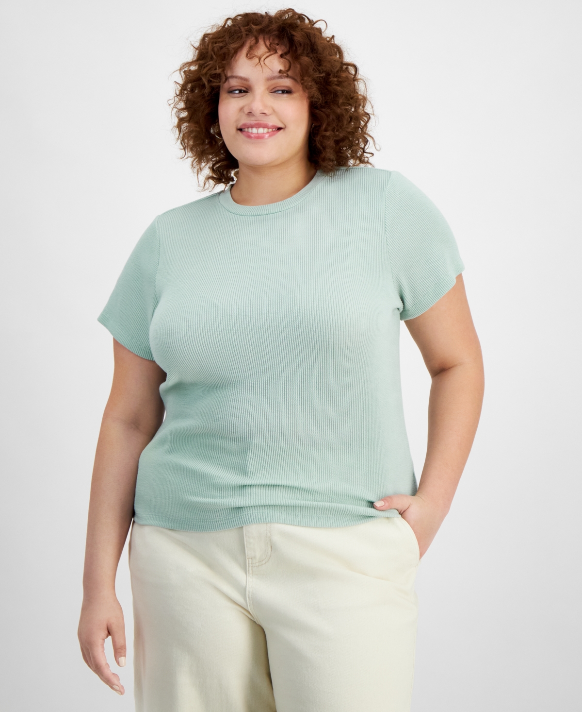 Shop And Now This Trendy Plus Size Crewneck Ribbed Tee In Harbor Green