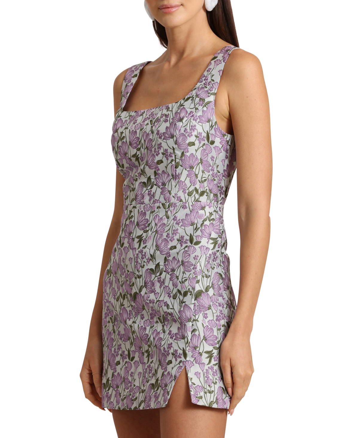 Shop Avec Les Filles Women's Brocade Square-neck Mini Dress In Ivory,lilac Floral