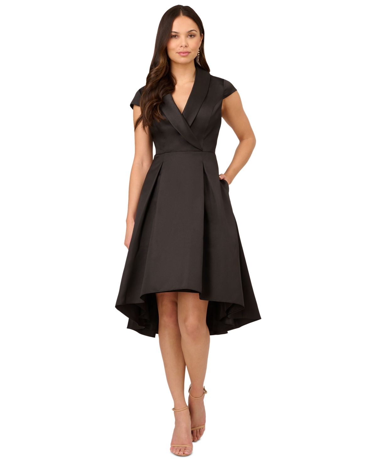Shop Adrianna Papell Women's Cap-sleeve High-low-hem Dress In Black