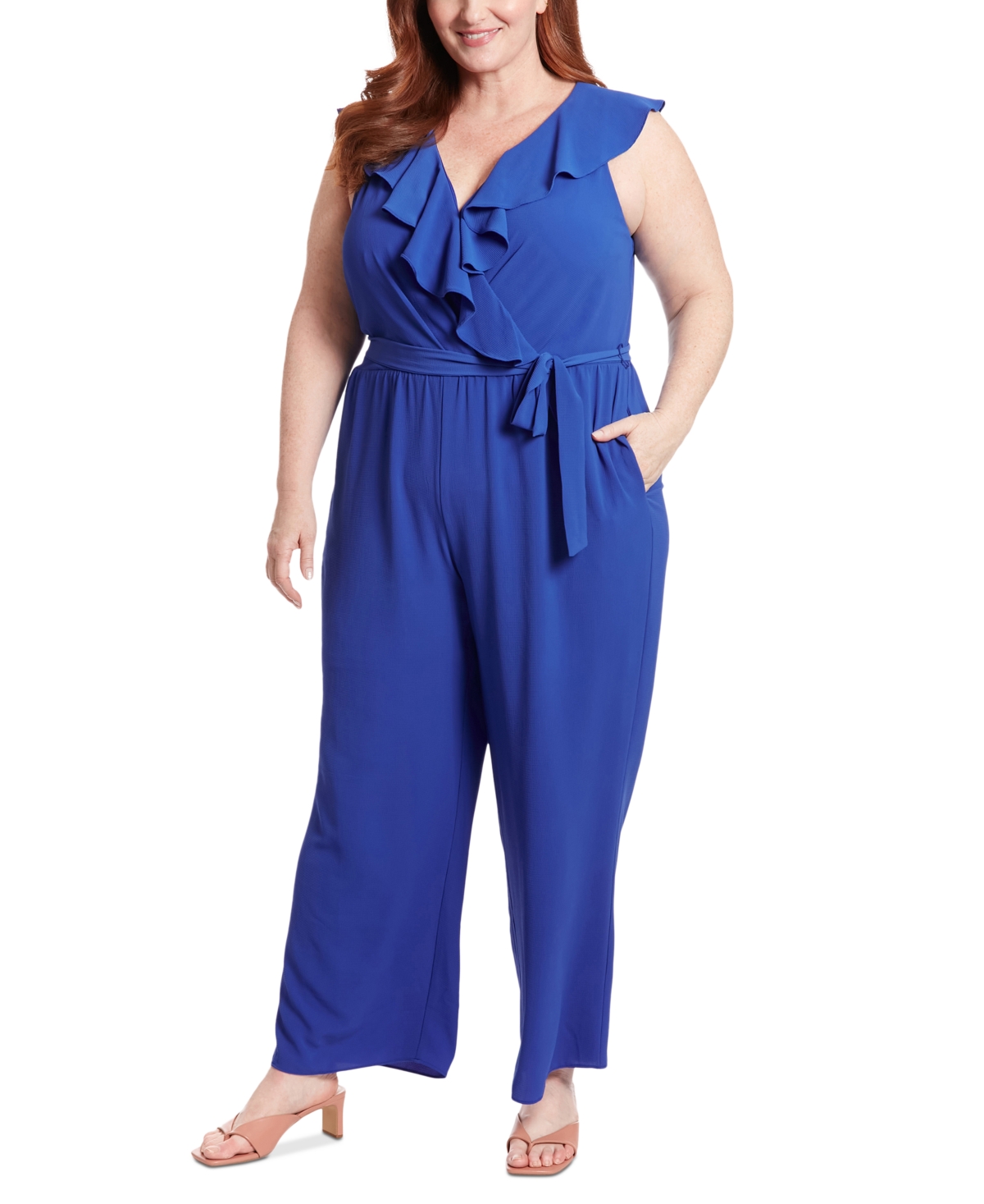 Shop London Times Plus Size Ruffled Sleeveless Jumpsuit In Blue